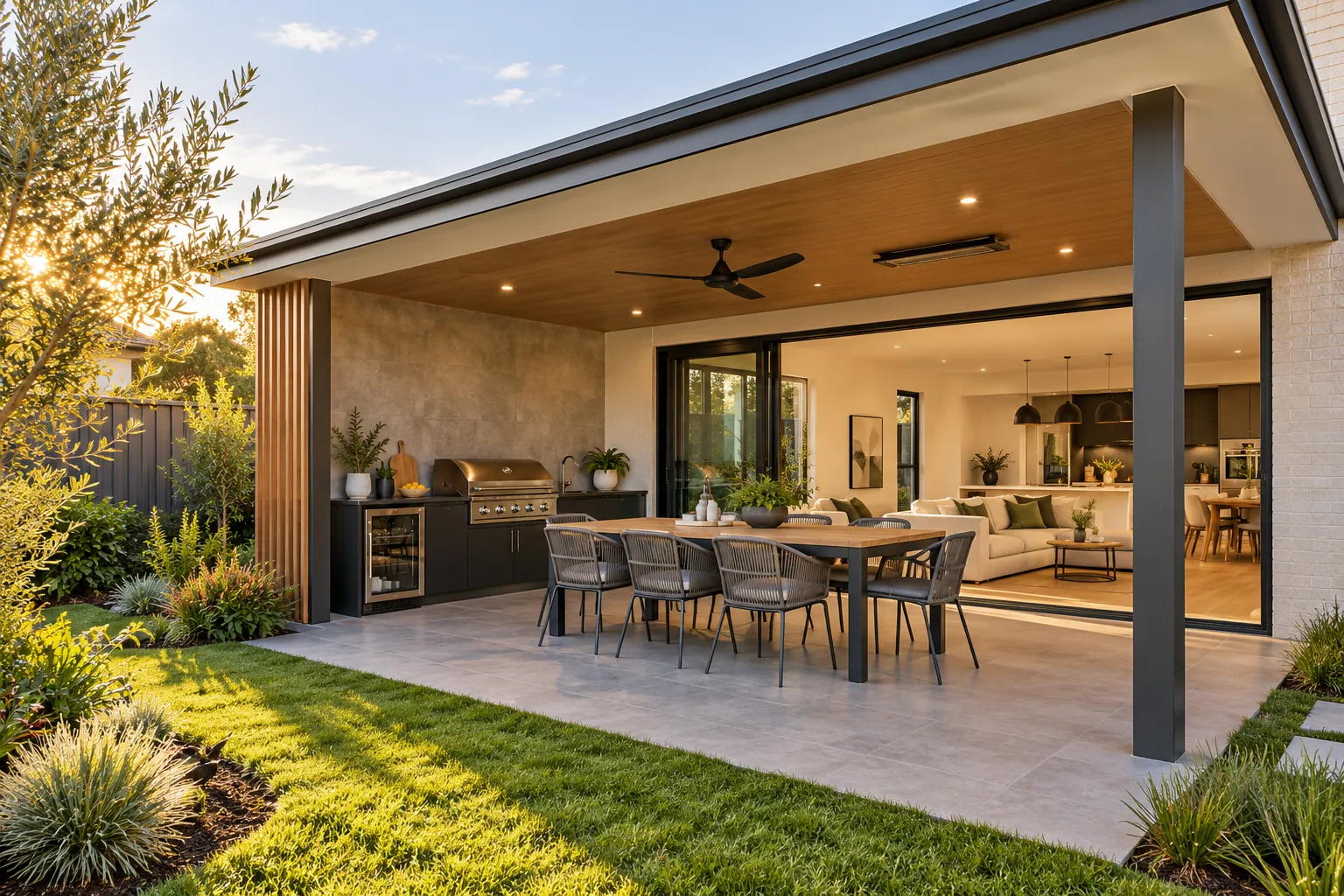 Covered alfresco with outdoor kitchen opening onto open-plan living