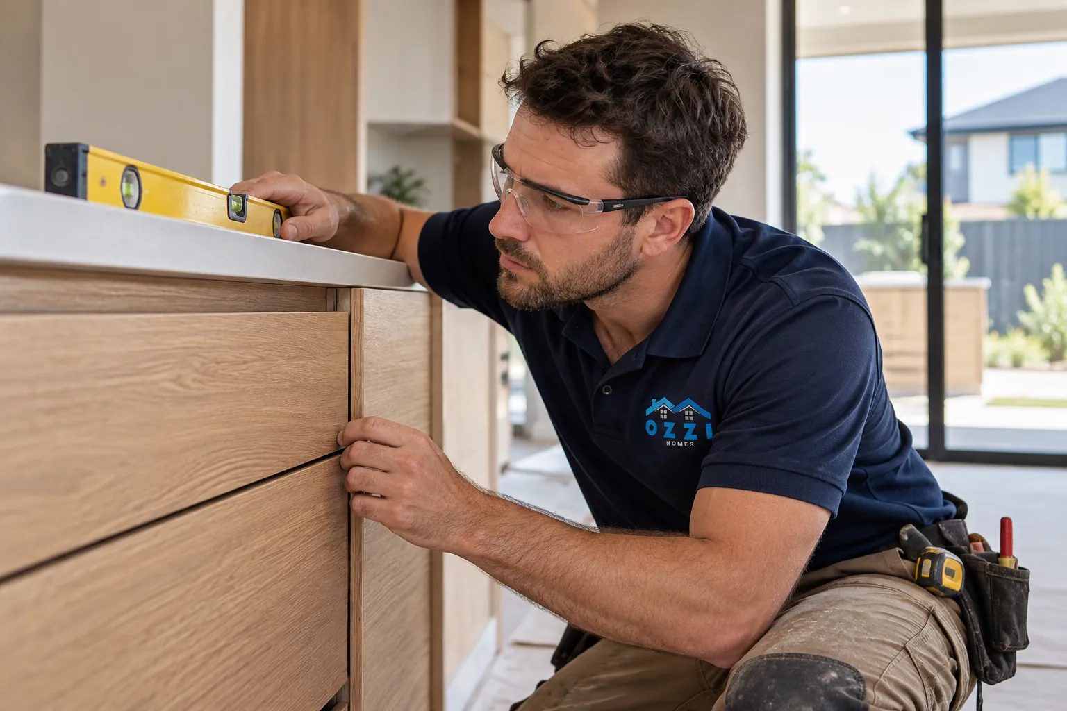 Ozzi Homes carpenter checking cabinetry alignment with a spirit level