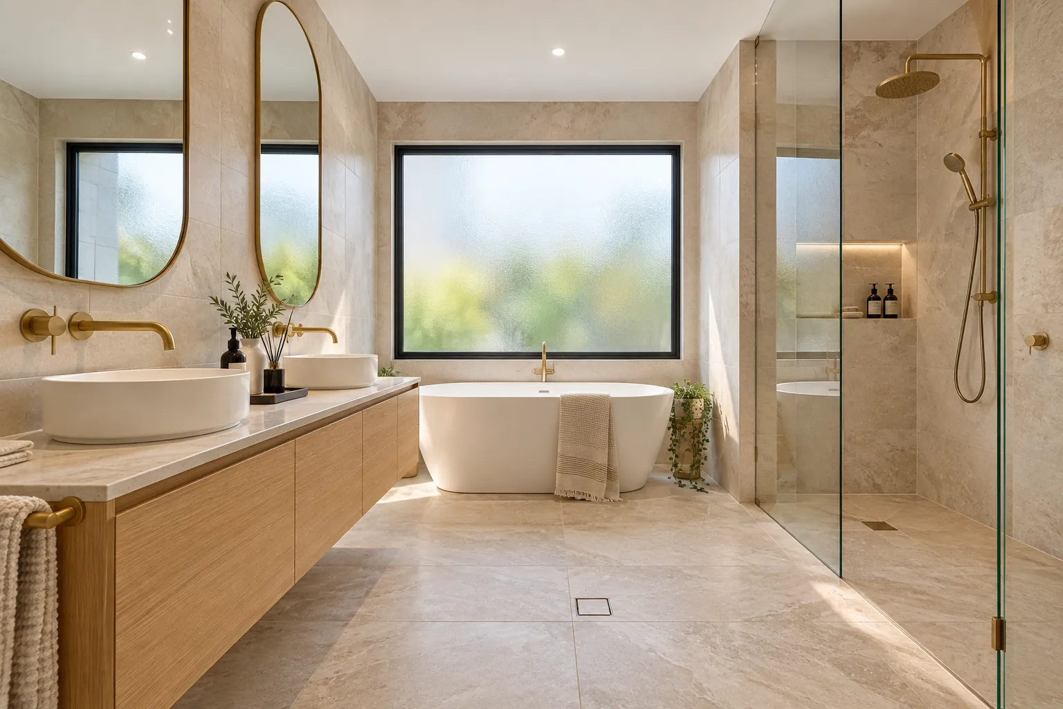 Ensuite with freestanding bath, double vanity and brushed brass tapware