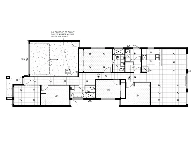 Floor plan showing lighting and electrical layout for a single-storey home