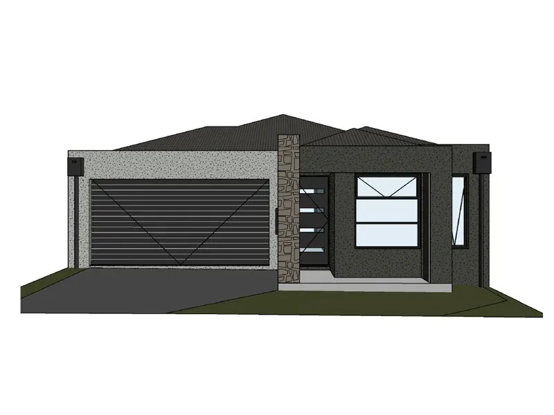 Front elevation render of a single-storey home with stone feature and double garage