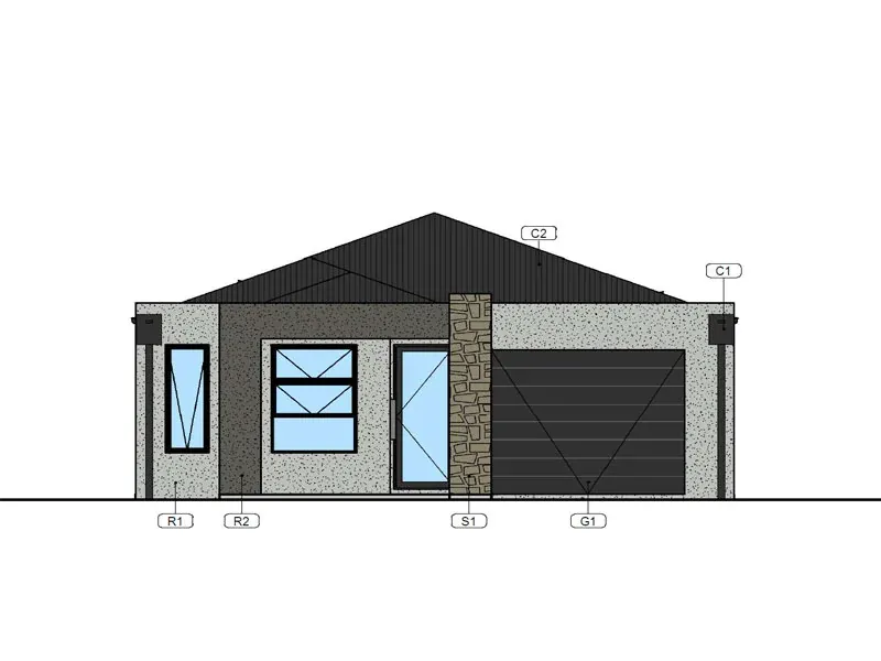 Front elevation drawing with material and finish schedule references