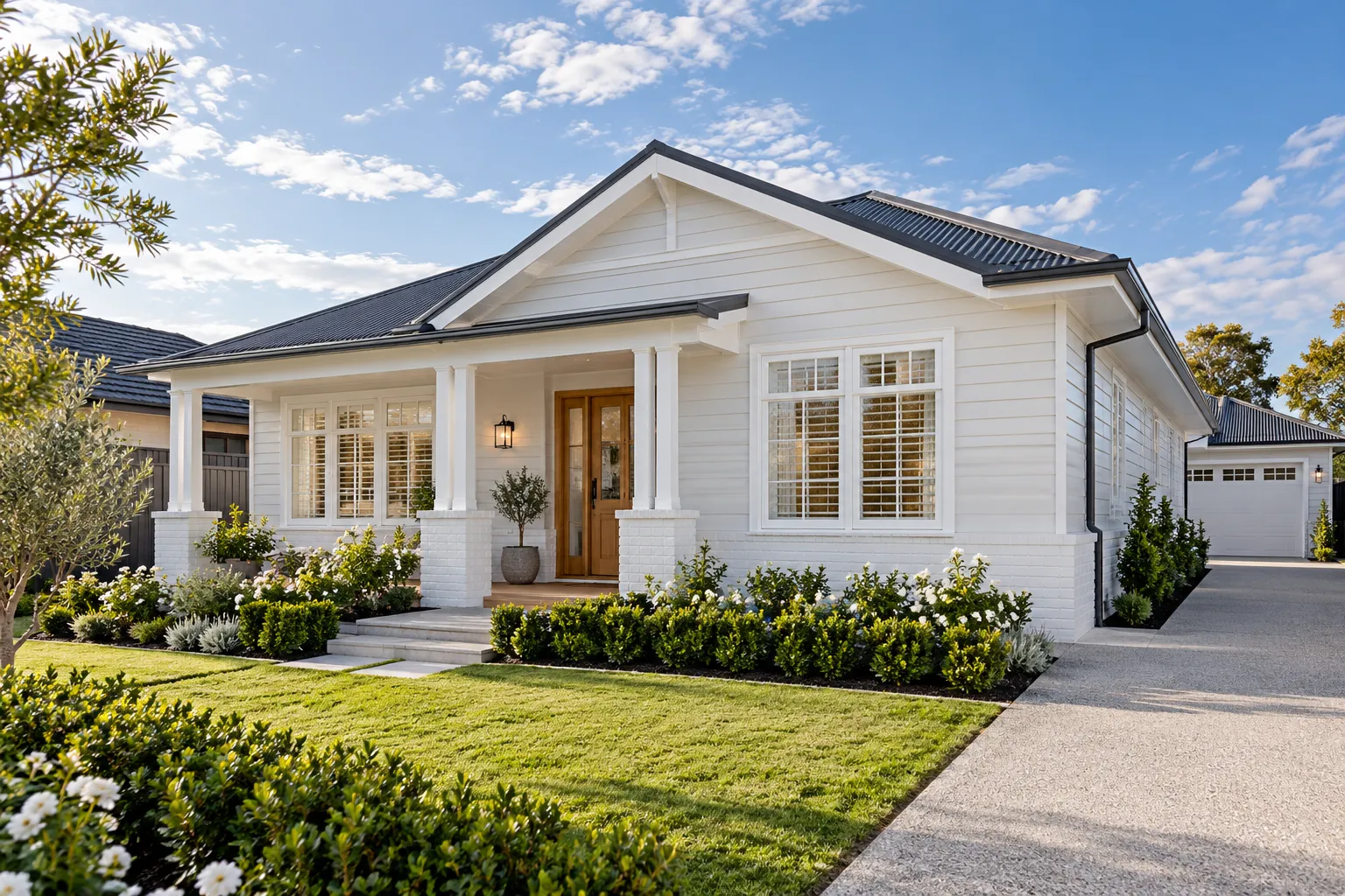 Hamptons-style weatherboard home with front porch and landscaped garden