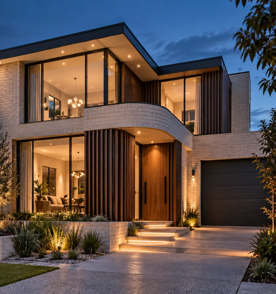 Modern brick and timber home with landscape lighting at twilight