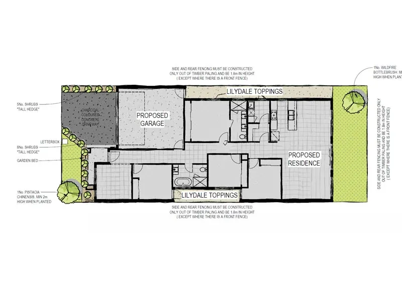 Landscape site plan showing proposed residence, garage, driveway and planting
