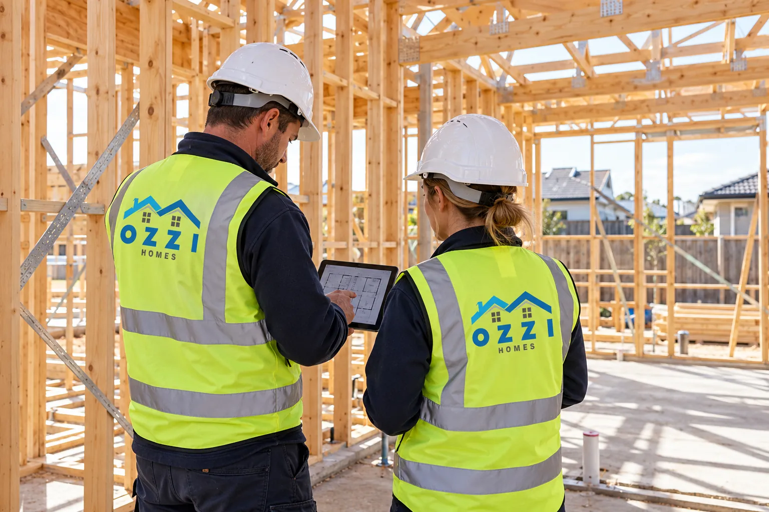 Ozzi Homes builders checking plans on a tablet inside a timber frame
